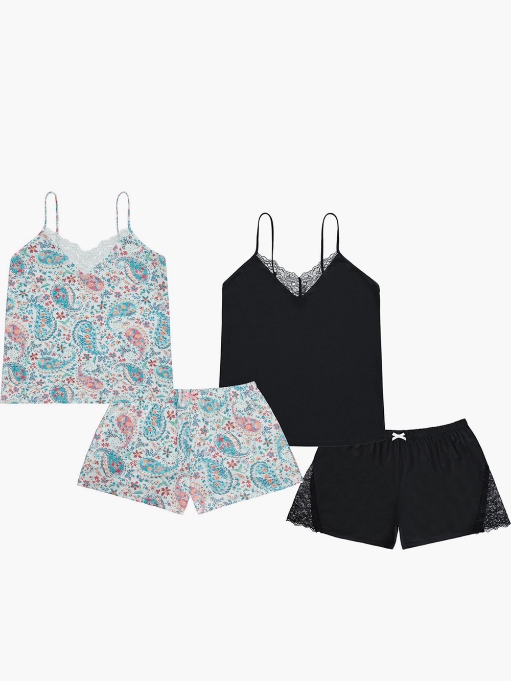 Flora Nikrooz 2-Pack of Sets: Black Lace-Trim & Paisley Cami & Shorts, Sz Large